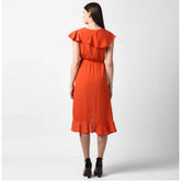 Women's Polyester Ruffled Cap Sleeve Knee-Length Dress (Orange)